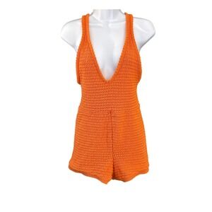FP Beach Orange Crochet Romper Boho Festival Coastal Chic Summer Cover Up Beach